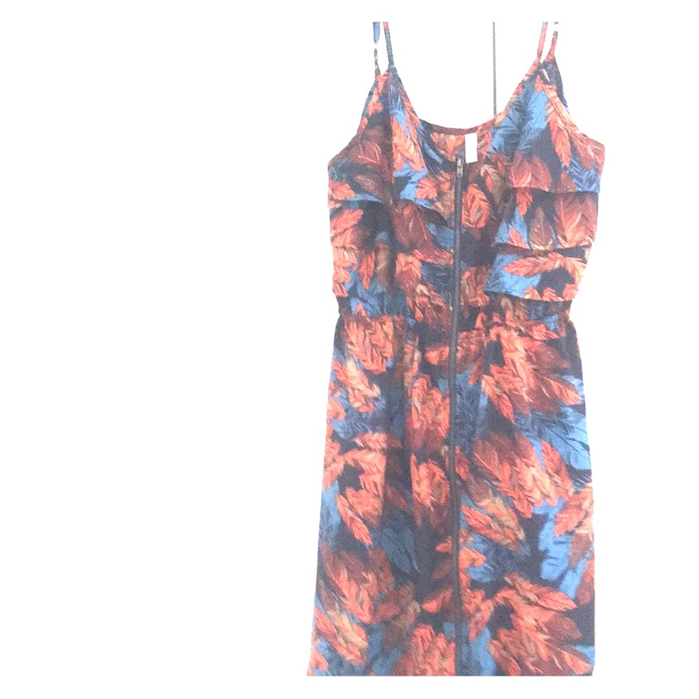 Blue, red & orange feather print summer dress